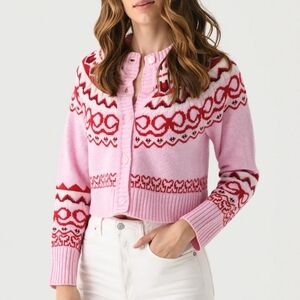NWT HOUSE OF HARLOW 1960 Pink Red Patterned Fair Isle Knit Sweater Cardigan 1XL